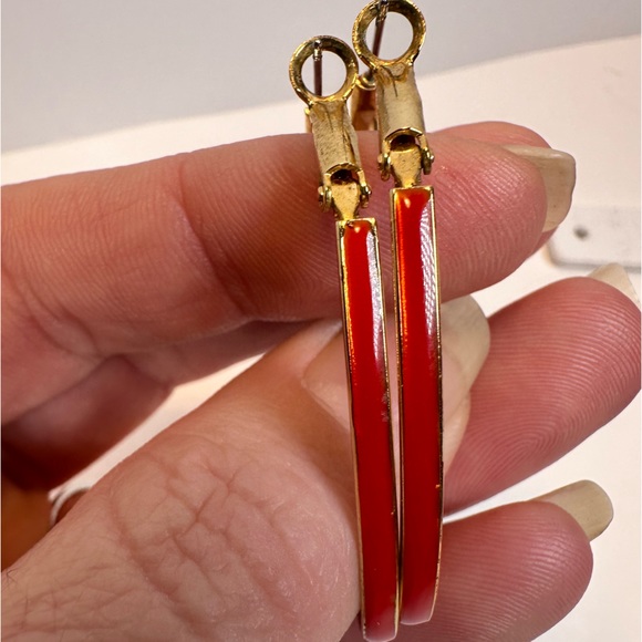 Gold tone with red enamel pierced dangle oval shape hoop earrings - Picture 2 of 7